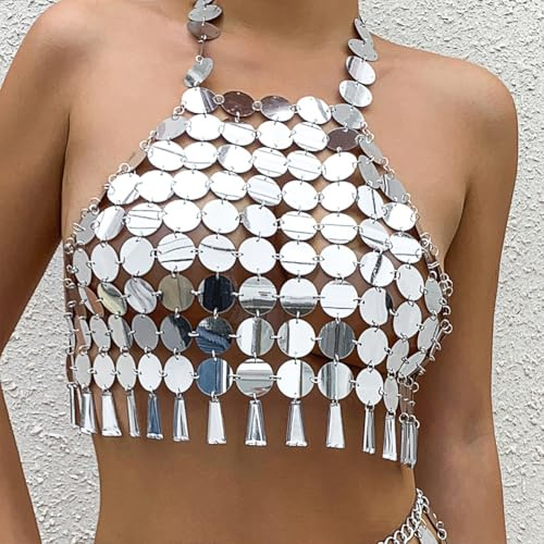 CABODYALS 1 pieza de Bikini de Lentejuelas Plateadas con Borlas de Plástico para Playa de Verano Top Corto Sin Espalda con Cuello Halter Sujetador Sexy Cadena para el Cuerpo Camisetas Sin Mangas Hueca