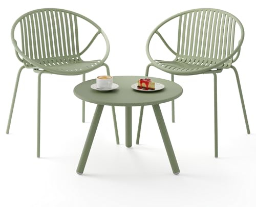 COSTWAY 3 Pieces Bistro Set, All Weather PP Garden Conversation Furniture Set with Round Coffee Table, Heavy-duty Metal Frame Patio Chair and Table Sets for Deck, Balcony, Poolside (Green)