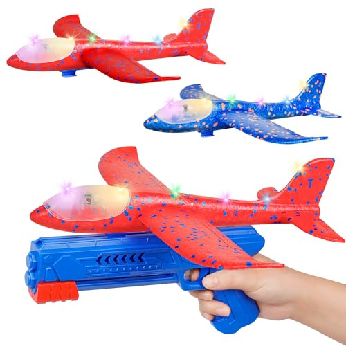 Philivivi 3 Pack Foam Glider Planes for Kids, Airplane Launcher Toy with LED, Flying Outdoor Throwing Planes up to 15m, Gifts for Boys Girls Age 3-12