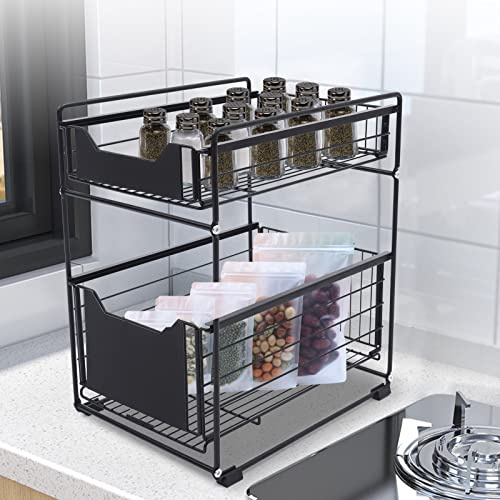 Mqwdxzfes Organizador de armario inferior de 2 niveles, organizador de armario con patas antideslizantes, cesta extensible para debajo del fregadero, estante para cocina, baño, color negro