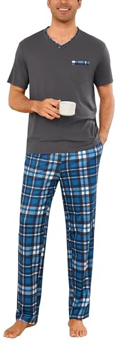 Leversic Pigiama Uomo Estivo con Maniche Corte Scollo a V Pantaloni Lunghi a Contrasto a Quadri Comodo 440-Grigio XL