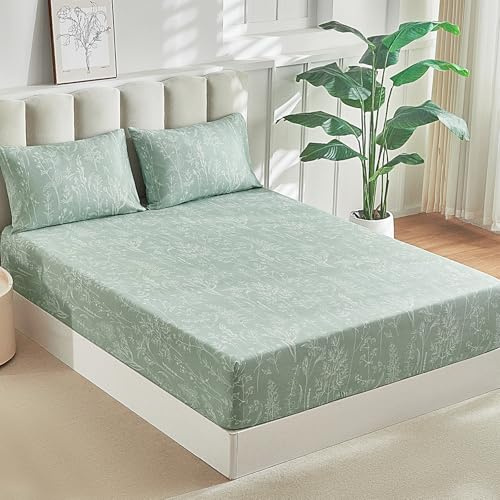 Tokokimo Sábana Bajera Ajustable de Microfibra con Estampado de Flores, Verde Salvia, Cama 150x200cm, Bolsillo 35cm, Incluye 2 Fundas de Almohada 50x80cm, 3 Piezas
