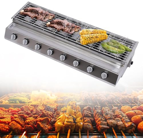 CIELOBLOEN Barbecue a Gas con 8 Fuochi e Doppia Funzione Griglia/Piastra, Design Compatto per Balcone e Campeggio, Materiali Resistenti e Pulizia Semplice