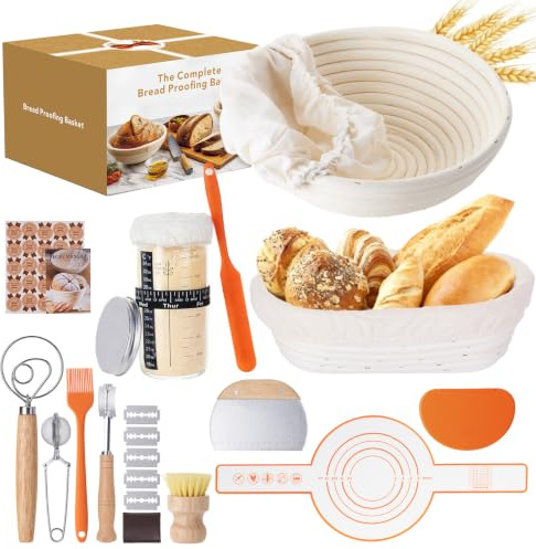 JOJOSEE Gärkörbchen, Brotgärkorb-Set Für Sauerteig Starter Set, Gärkorb natürlichem Rattan, Sauerteig-Gärkorb (inkl. Teigschaber, Rostmesser, Gärtuch & mehr) - Komplett Ausrüstung für Anfänger Profis