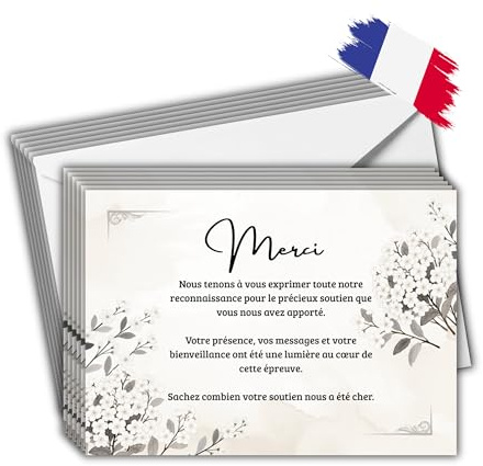 EVTI Lot de 25 cartes de remerciement de condoléances avec enveloppes, Remerciement décès avec message de deuil élégant, papier prémium 350 g, Entreprise Française, modèle fleurs