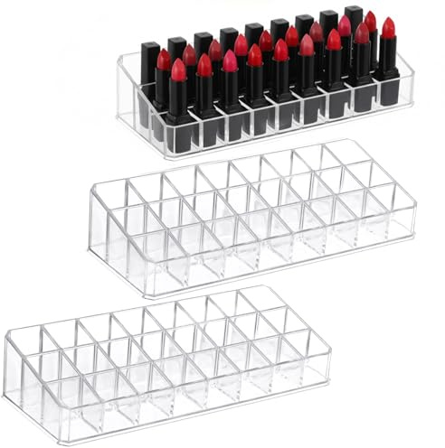 xozeooeu 3-Pack Acrylic Lipstick Organizer – 72 Slot Clear Makeup Storage Display for Lip Gloss, Cosmetics & Vanity Organizer