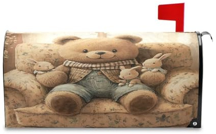 Coikll Teddy Bear on The Sofa Spring Mailbox Cover Magnetic Post Letter Box Wraps for Garden Yard Standard Size 18x20.7
