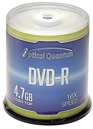 Optical Quantum DVD-R 4.7GB 16x Logo Top Media Disc - 100 Discs Cake Box (FFP), Blank DVDs for Burning, Writable Recordable DVD Discs, DVD-R Blank Discs 100 Pack