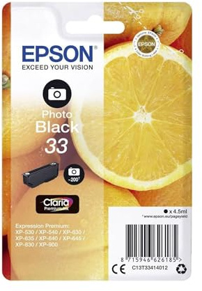 Epson Original Orangen Claria 33 Tintenpatrone Photo Schwarz – 1 x 6,4 ml – Original Epson Tintenpatronen für optimale Druckergebnisse