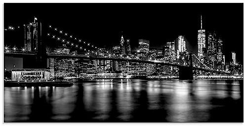 ARTland Wanddeko Glasbilder Wandbild Glas Bild einteilig 100x50 cm Querformat New York Amerika Foto Schwarz Weiß Manhattan Skyline Brooklyn Bridge Impressionen bei Nacht T0EL