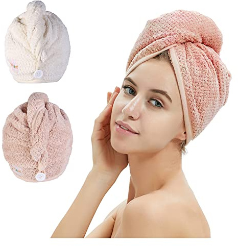 M-bestl Haarhandtuch Turban, Haartrocknungs-Handtuch mit Knöpfen, Mikrofaser-Handtuch, 2er-Pack