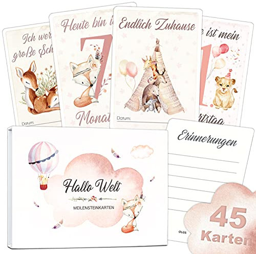 OLGS Meilensteinkarten Baby für Mädchen, 45 Meilenstein Karten zur Geburt, Babyparty, Schwangerschaft, Taufe | Meilenstein-Karten Geschenkset für Kinder