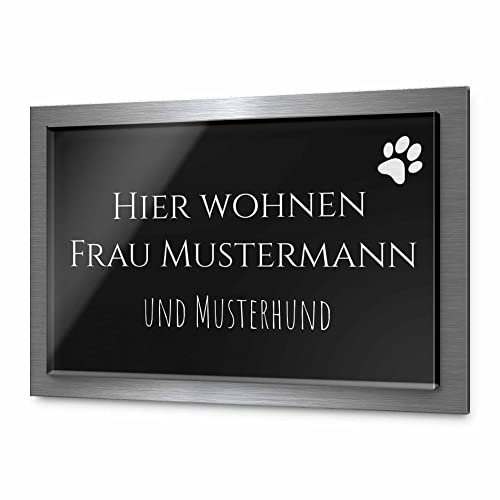 Premium Türschild aus Hochglanz Acrylglas und V2A Edelstahl | Namensschilder mit Gravur und Motiven Familienschild Türschilder für die Haustür mit Namen selbstklebend oder mit Bolzen 18x12 cm