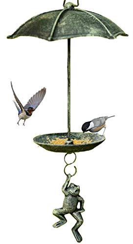 TentHome Vogeltränke zum Aufhängen Vogelfutterhaus Futterstation Vögel Vogelhäuschen Futterhaus Futterstelle Wassertränke für Balkon Garten Deko Gusseisen Fallschirmspringen Frosch, Antik Grün