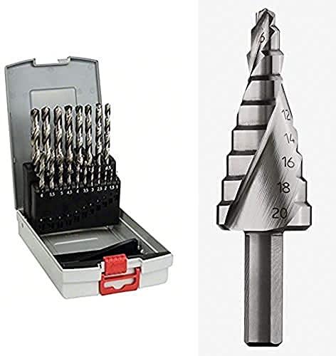 Bosch Professional 19tlg. ProBox Metallbohrer Set HSS-G (geschliffen, Zubehör Bohrschrauber und Bohrständer) + HSS Stufenbohrer (für Metall und Stufenbohrer, Ø 4 – 20mm, Länge 70,5mm, Zubehör Bohrer)