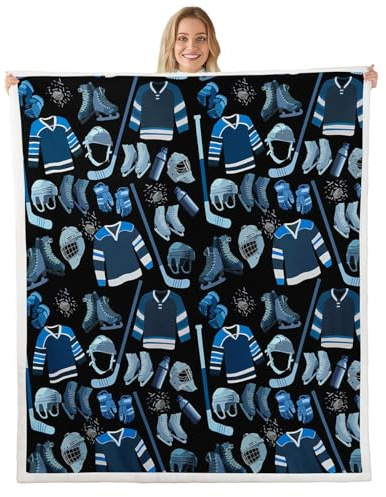 Erosebridal Ice Hockey Flannel Blanket Boys Teens Puck Sherpa Blanket for Kids Boys Girls Sports Games Theme Decor Soft Warm Throw Blanket Cartoon Plush Blanket, Blue Black Twin 60x80