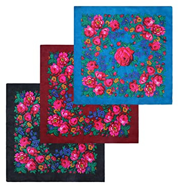 MJ SERECA Acrylic Bandana Printed Hair Scarf Square Ukrainian Head Scarf Floral Babushka Neck Scarf for Women 30/42/60 (3 Pack-A 30)