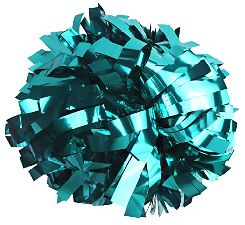 GUIFIER Pack of 2 Pom Poms Cheerleading 6 Inches Metallic Cheerleader Pom Poms with Baton Handle, Pompoms Cheer Pom Pom for Cheering Squad (Teal)