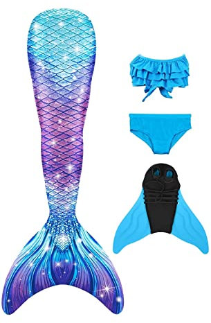NAITOKE meerjungfrauenflosse mädchen Badeanzug - Meerjungfrau Flosse Bademode mit Bikini Set und Monoflosse Mermaid Tail, 4 Stück Set,POOAJ,130