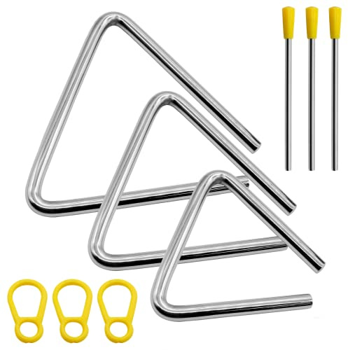 Jiozermi 3 Pcs Percussion Triangles With Strikers, 4 Inch 5 Inch 6 Inch Steel Triangle Instrument with Striker Rhythm Triangle Instrument Triangle Percussion Instrument