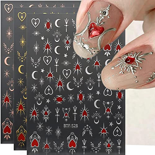 6 Blätter 3D Bronzieren Herz Mond Stern Nagelsticker Selbstklebend Nagelaufkleber Metall Silber Nail Sticker Sterne Nagel Stickers Gold Sternenlicht Mond Nageldesign Nagelfolie Nail Art Nägel Zubehör