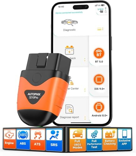 AUTOPHIX OBD2 - Adaptador Bluetooth para coche, dispositivo de diagnóstico de coche, motor ABS SRS, caja de cambios inalámbrica, lector de código de error con prueba de batería, aplicación exclusiva