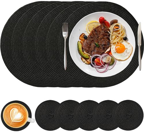 HNVNER 6 Manteles Individuales Redondos + 6 Posavasos Redondos, Lavables de Polipropileno, Plástico Negro