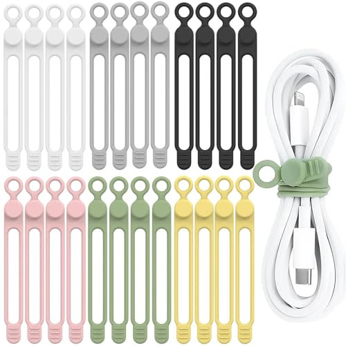 24 Pièces Sangles De Câble En Silicone, Attache Cable Silicone, Sangle Réutilisable Câble Management, Gestion des Câbles pour Bureau, Maison, L'école