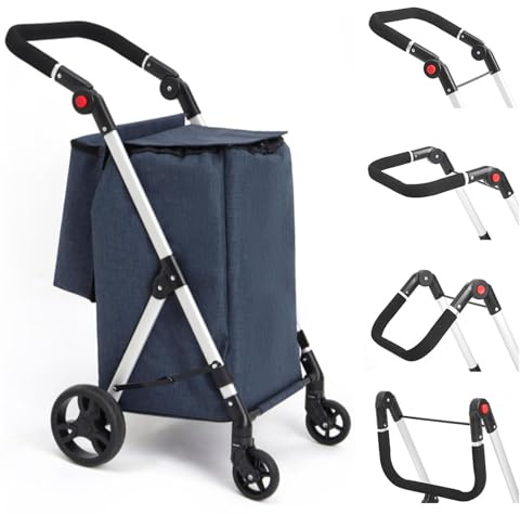 LEUYA ABC Livsmedelsvagn, 4-hjulig aluminiumkundvagn, 46L hopfällbar shoppingvagn med isolerad kylväska (blå)