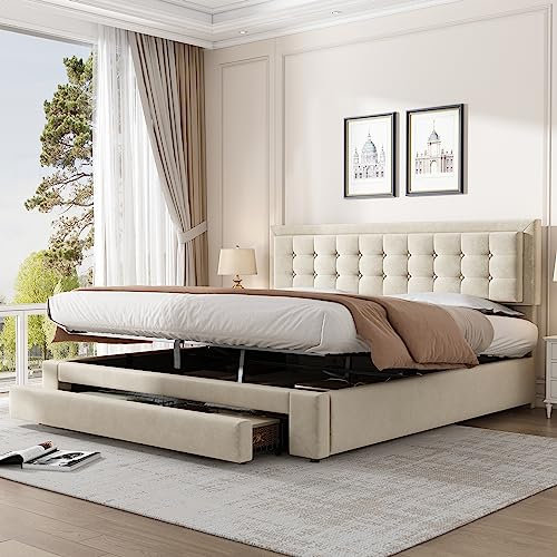 Polsterbett Doppelbett 160x200 cm, Bett mit Stauraum Kasten und Schubladen, Stauraumbett mit Lattenrost aus Holz, Hydraulisches Metallrahmen Bettgestell, Samt (Beige, 160x200 cm)