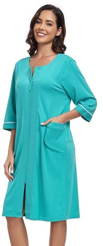 COLORFULLEAF Damen Bademantel mit Reißverschluss Leicht Morgenmantel 100% Baumwolle Hausmantel 3/4 Ärmel Nachthemd mit Taschen(Azurblau,XL)