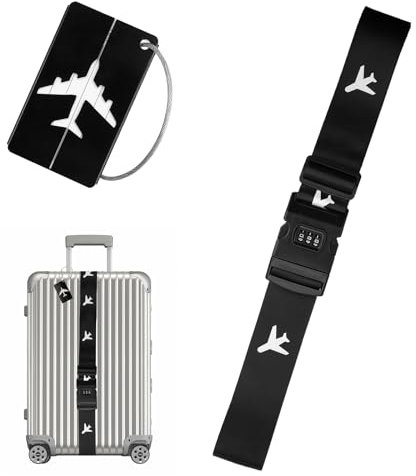 Koffergurt mit Adressschild, Kofferbänder mit Zahlenschloss, Kofferband Gurt Auffällig, Kofferband Einstellbare, Lang Koffer Gepäckgurte für Reisen Schnell Erkennen Koffergürtel（Schwarz）