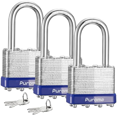 Puroma Lock 3 Pack Padlocks, 1-1/2” Long Shackle Heavy-Duty Locks with 6 Keys, 40mm Hardened Steel Keyed Alike Padlocks for Sheds, Gates, Fences, Toolbox, Outdoor and Indoor Use（Silver