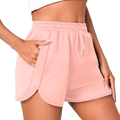 Litherday Women's Running Shorts Gym Sweat Jogging Sports Casual Lounge Athletic Workout Ladies Cotton Shorts High Waisted with Pockets Pink