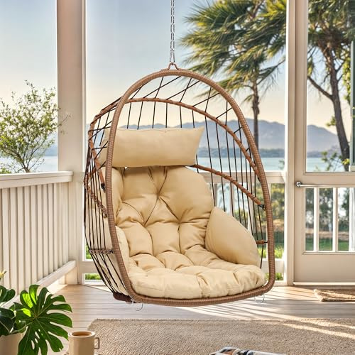 YITAHOME Hanging Egg Chair, Patio Wicker Hammock Egg Chair Basket Chair Swing with Cushion, Outdoor 300lbs Rattan Egg Outdoor Swing Chair for Balcony Garden Bedroom, Beige (Stand not Included)