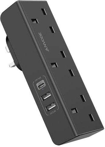 Multi Plug Extension with USB C Slot, 3 Way Plug Wall Charger Socket, Multi Outlets Extender Adapter UK for School, Home, Kitchen, Office (Black)
