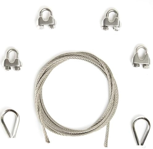 Alfa Logistik Cuerda de alambre de acero inoxidable, 6 mm de grosor, 10 m de longitud, juego de 4 abrazaderas de cable de alambre y 2 guardacabos, juego de cuerda de acero inoxidable, cuerda de acero