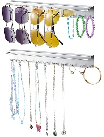 2 Stück Brillenhalter Wand & Ketten Aufbewahrung, Sonnenbrillen Aufbewahrung mehrere Brillen, Hängend Schmuckhalter für Halsketten,Armbänd & Ohrringe, Metall Kettenhalter, Brillenständer, Silber