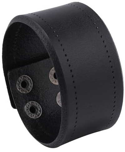 CALFOVERA Bracciale Rigido retrò in Vera Pelle Nera per Uomo e Donna, Regolabile, Largo, in Pelle di Vacchetta, Fatto A Mano, con Bottone Automatico, per Feste in Costume di Halloween
