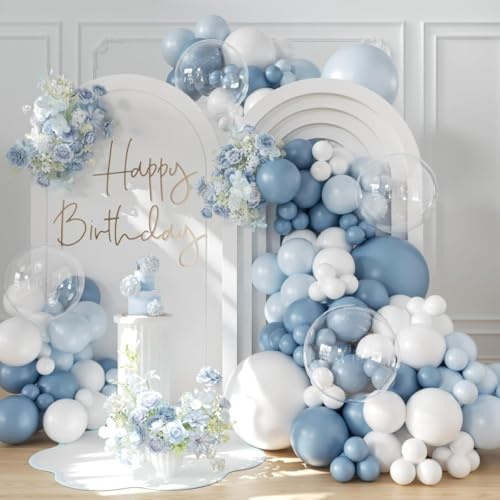 Kit Arco per Palloncini Bianchi Azzurri - 113 Pezzi Kit Ghirlanda Arco Palloncini Compleanno Con Palloncini Blu Bianchi e Trasparenti Per Decorazioni Compleanno, Baby Shower Decorazioni, Matrimonio