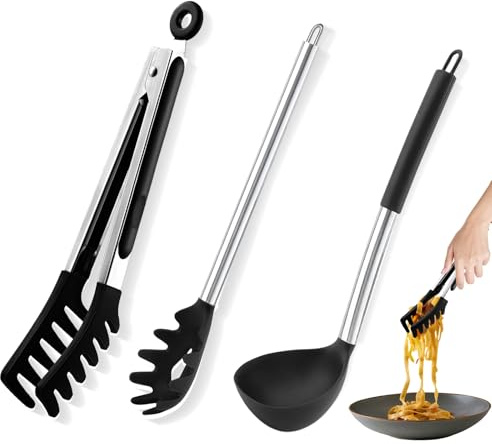 3Pcs Spaghetti Spoon, Pasta Fork and Tong, Silicone Spaghetti Fork with Teeth and Stainless Steel Handle