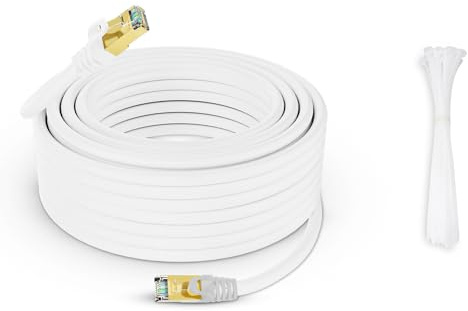 Werkybay Cable Ethernet Cat 7 Blanco 50m, 10Gbps 600MHz Alta Velocidad, RJ45/Blindado S/FTP, Cable LAN Gigabit Impermeabilización, para Router, Modem, PC, Switch, Servidor etc. + 25 bridas