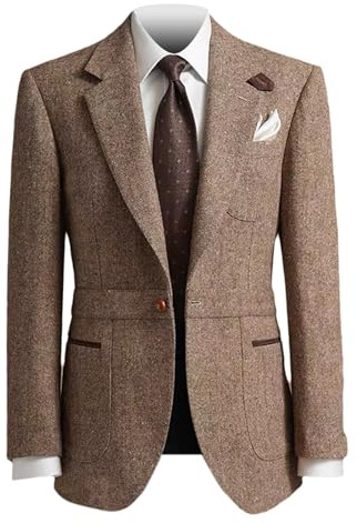 RAJEGAR Chaqueta deportiva de tweed para hombre, delgada, retro, con solapa, mezcla de lana, con un botón, parche en el codo, marrón, M