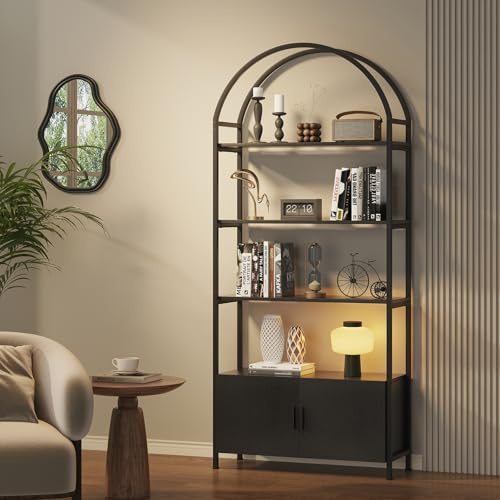 cointwo Arched Book Shelf, Bookcase with Doors Storage, 180cm Tall Bookshelf with Sturdy Metal Frame, E1 Quality Boards, Freestanding Display Shelving Unit Living Room(Black)