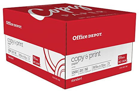 Office Depot Copy Print Paper, 8 1/2in. x 11in., 20 Lb, Bright White, 500 Sheets Per Ream, Case Of 3 Reams, 1008