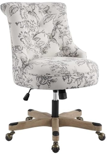 Linon Sinclair Wood Base Adjustable Rolling Office Chair in Floral Gray Fabric