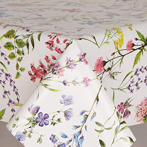 Home Expressions® Fabulous Flowers Classic Botanical Flowers on a White Ground with Pink, Lavender and Green Flowers, Pvc Wipe Clean Vinyl Table Cloth Textile Backing (200cm x 140cm Rectangle)