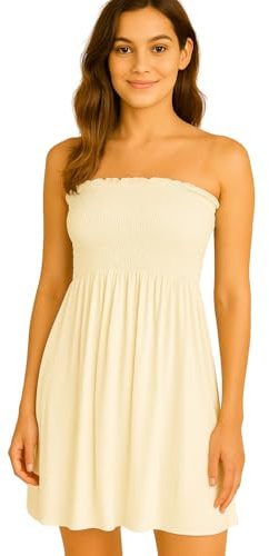 STAR FASHION Women’s Strapless Sheering Ruched Bandeau Dress Plain Boob Tube Sleeveless Midi Dress Summer Holiday Beach Flared Dress Soft Stretch Cream 8-10
