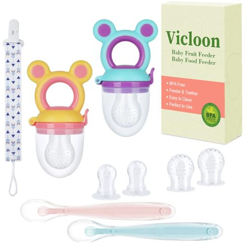 Vicloon Fruchtsauger Set Baby mit 6 Silikon-Sauger in 3 Größen,BPA-frei - Kleinkind Fruchtsauger Schnuller Beißring Obstsauger für Obst Gemüse Brei Beikost