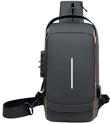 Aucuu Bröstväska med kodlås, vattentät axelväska med USB-laddningsport, stöldsäker crossbody-väska, axelväska för män och kvinnor, perfekt vid resor, vandring eller sport, Aschgold